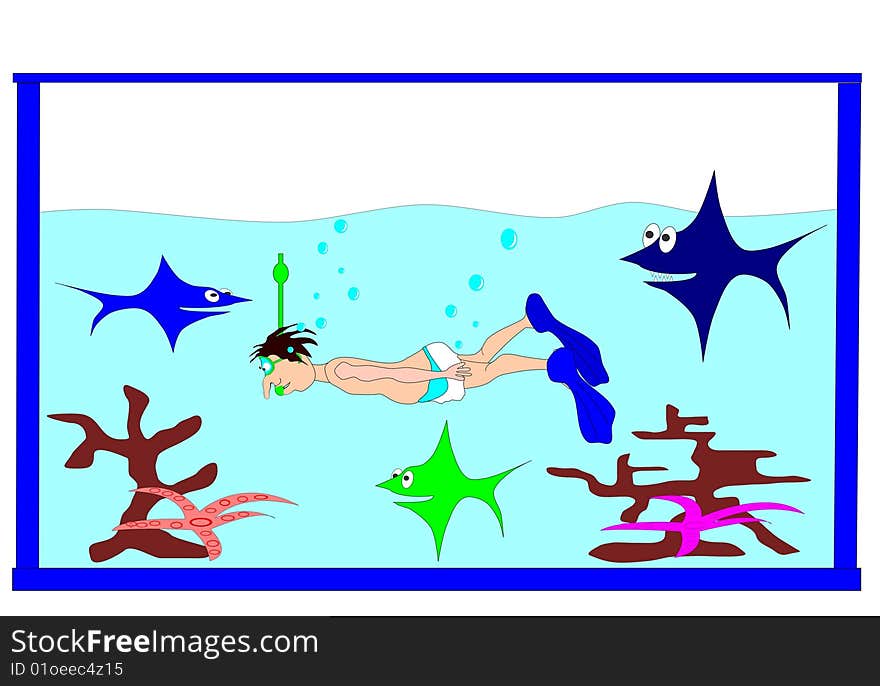 Boy in the aquarium. Grew child sinks in a large glass aquarium, hyperbole, and graphic image.