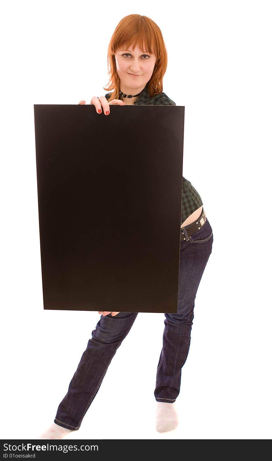 Woman holding black banner on white. Woman holding black banner on white