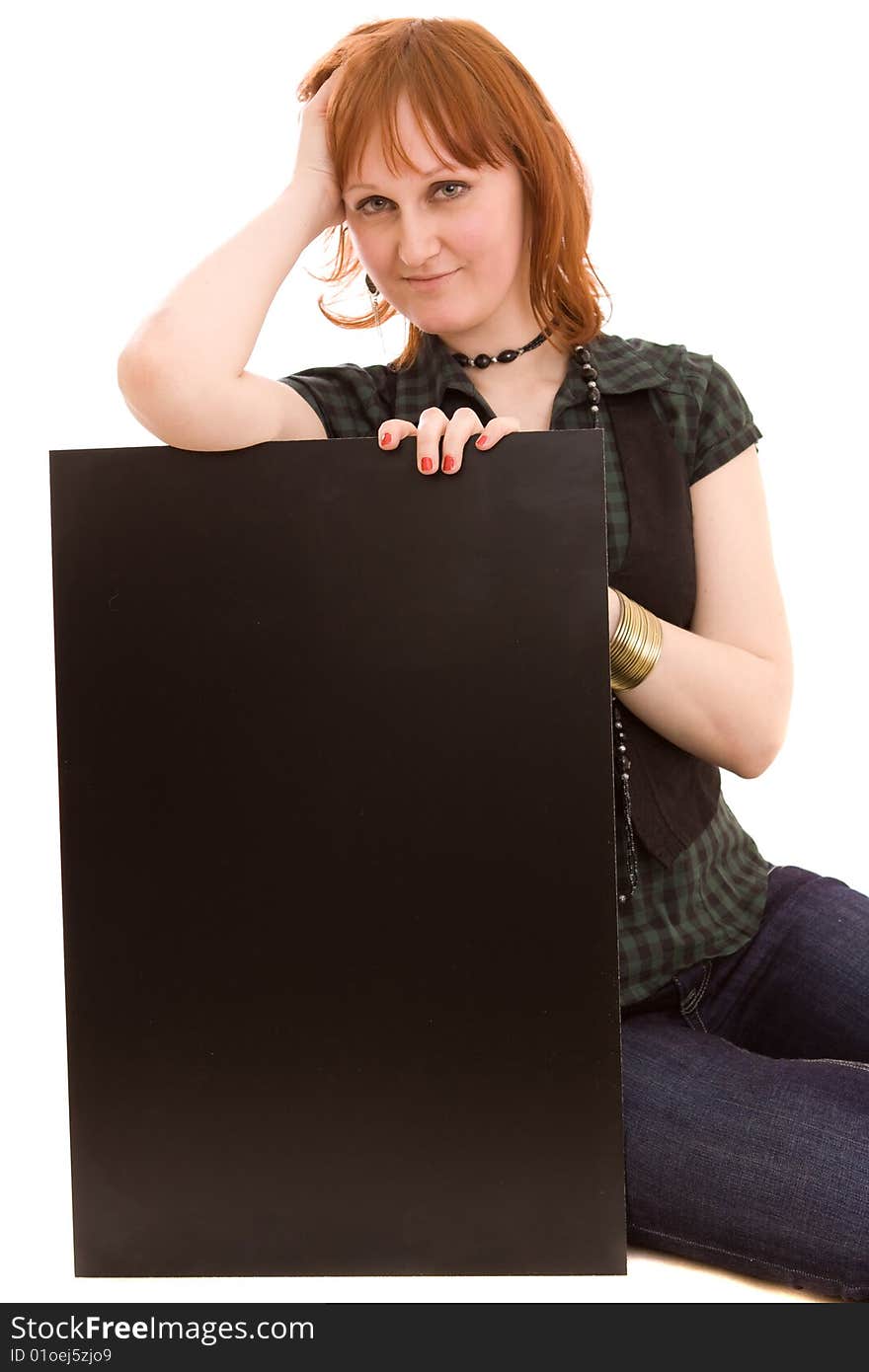 Woman holding black banner on white. Woman holding black banner on white