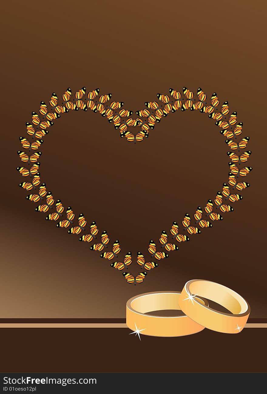 Wedding rings and heart on the brown background. Wedding rings and heart on the brown background