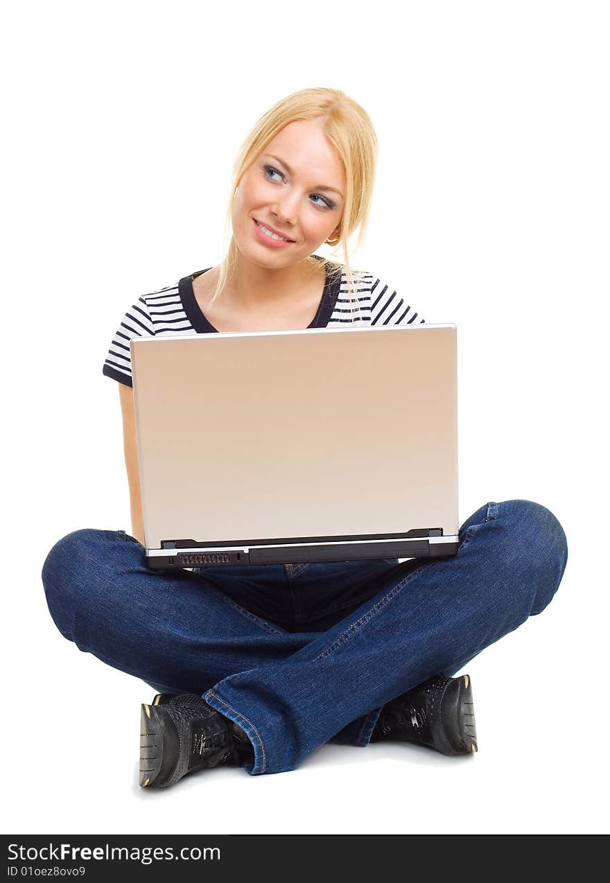 Beautiful girl with laptop isolated on white