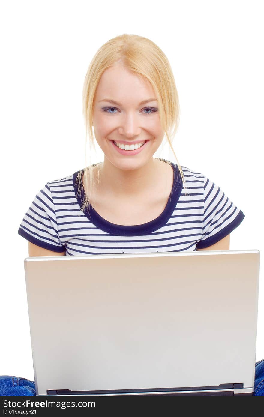 Young beautiful woman smiling with laptop isolated on white