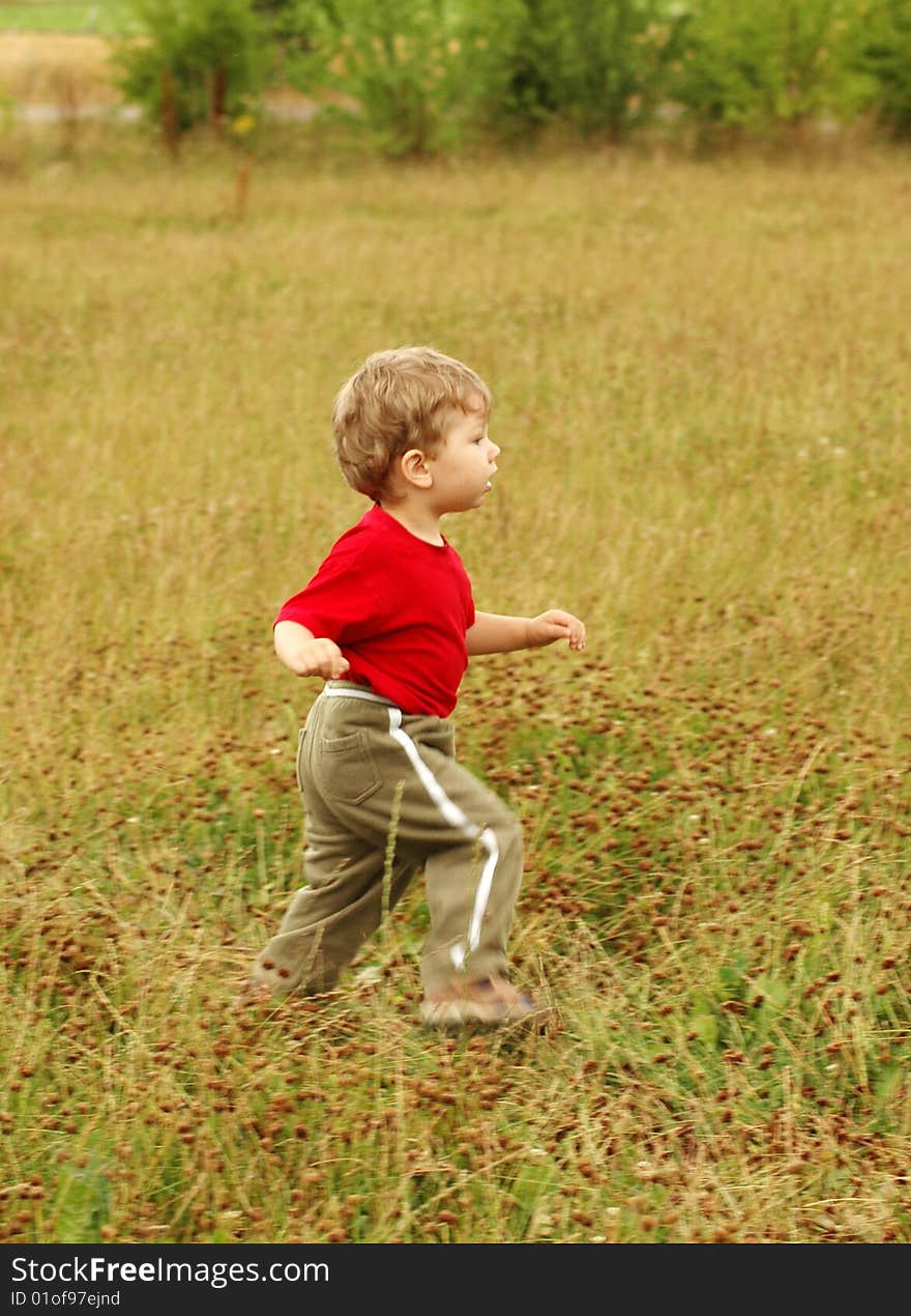 Cognition of world.	A little boy runs on a meadow.