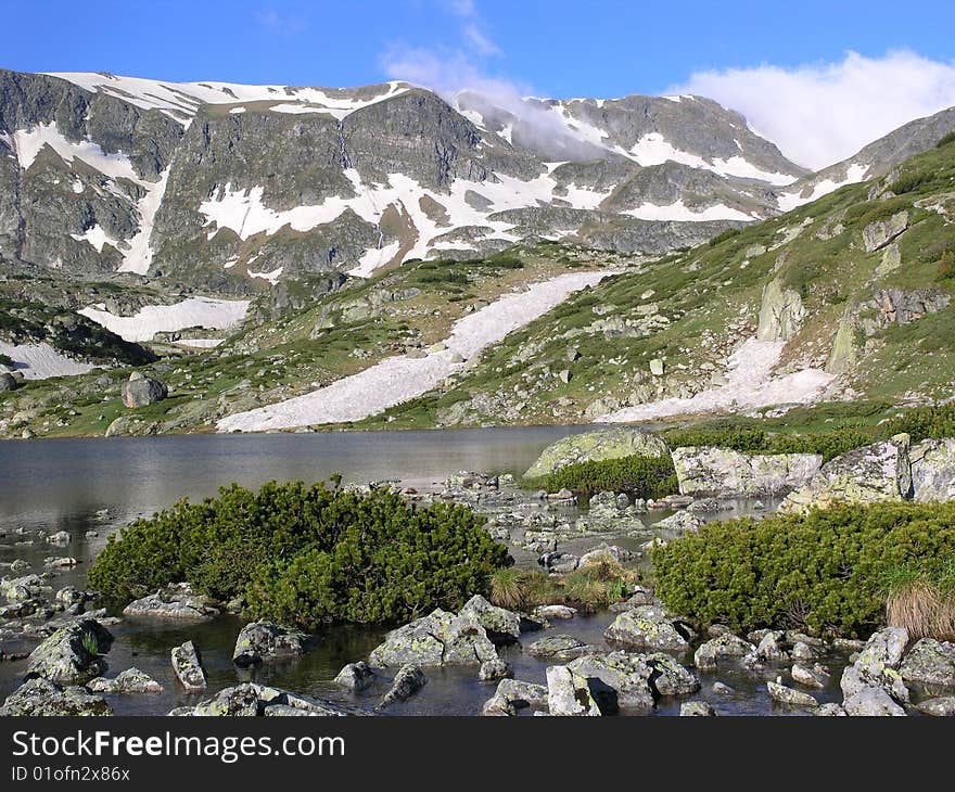 Snowy peaks reflected in the lake