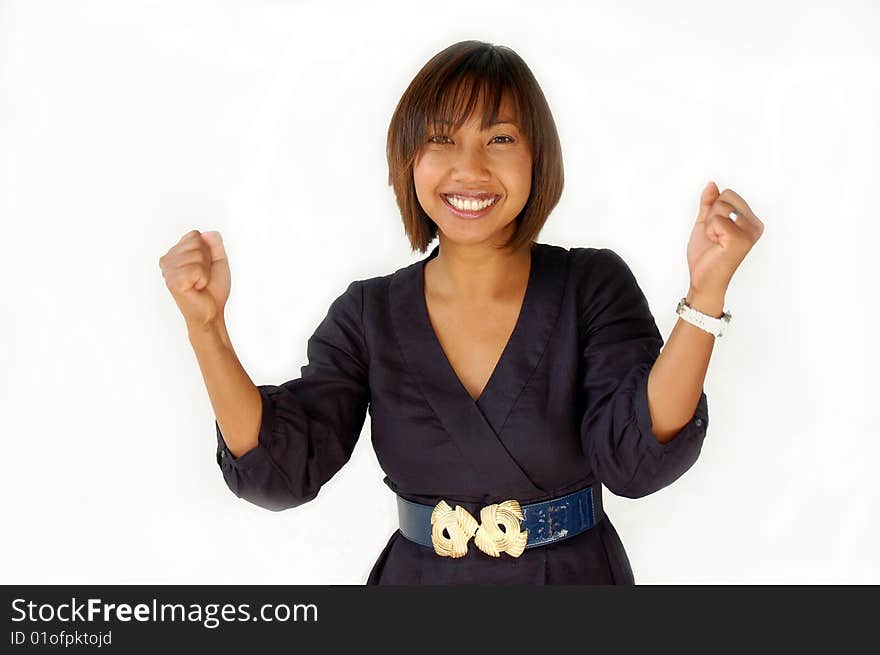 Smiling happy asian lady celebrates her good news. Smiling happy asian lady celebrates her good news.