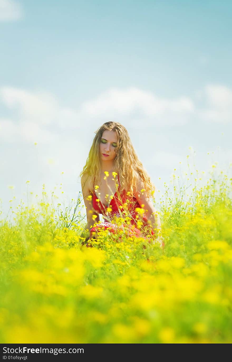 beautiful woman sitting between yellow flowers. beautiful woman sitting between yellow flowers