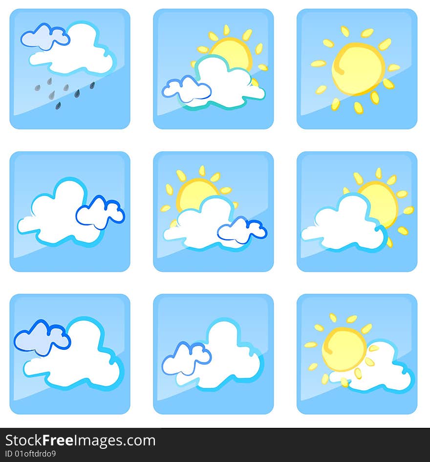 Blue icons with scene of the different conditions of the weather. Blue icons with scene of the different conditions of the weather