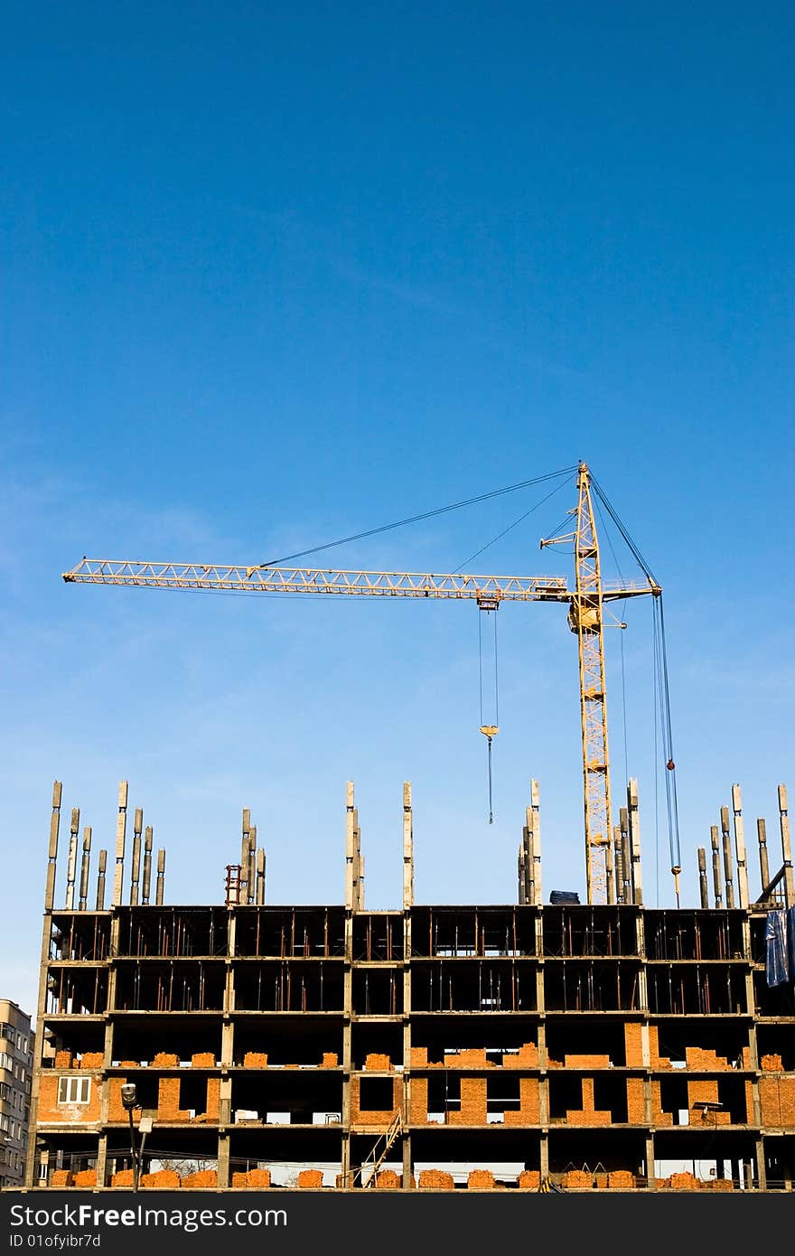 Building of a modern building on blue sky