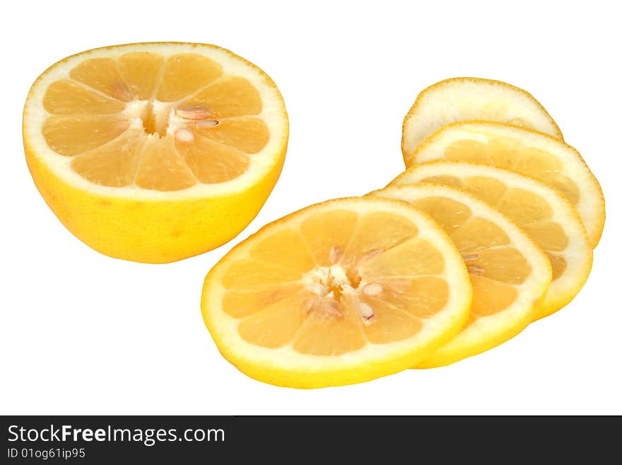 Half of lemon and segment on a white background. Half of lemon and segment on a white background