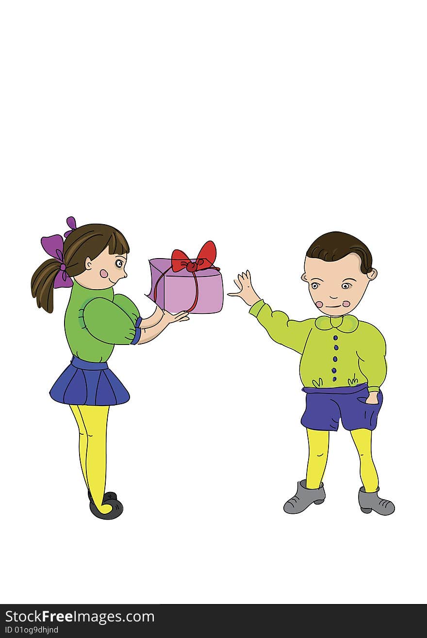 Girl with a gift to congratulate the boy. Girl with a gift to congratulate the boy