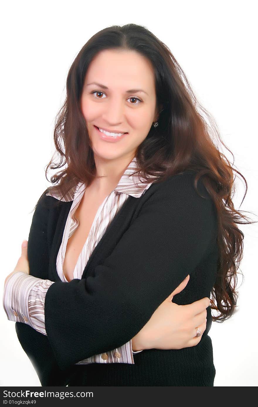 Portrait of the smiling woman, embracing hands on white background, brunette. Portrait of the smiling woman, embracing hands on white background, brunette