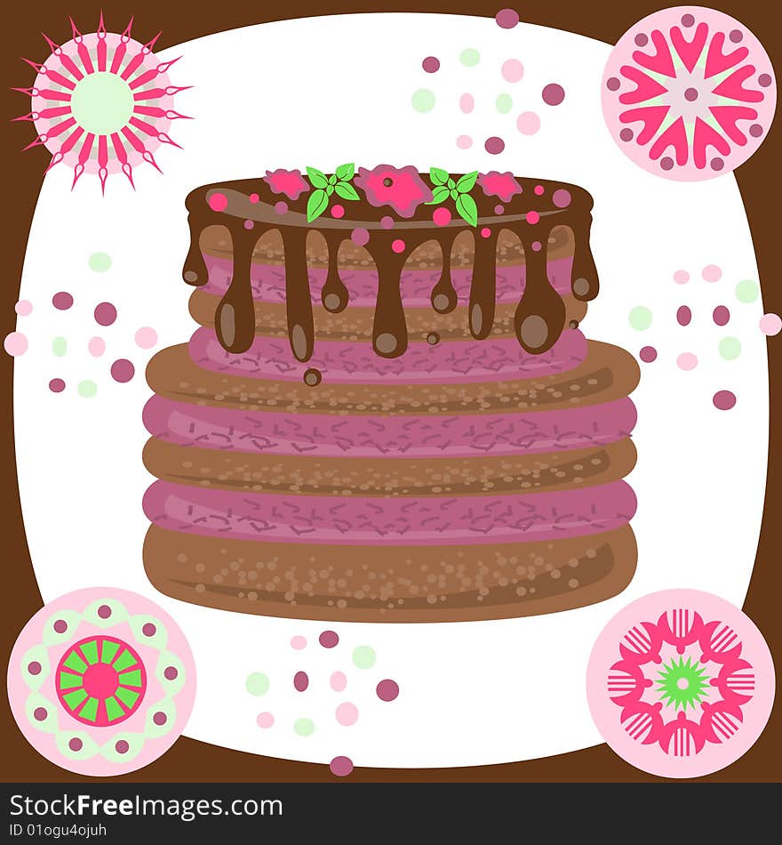 Laminated chocolate cake on background of the abstract festive pattern