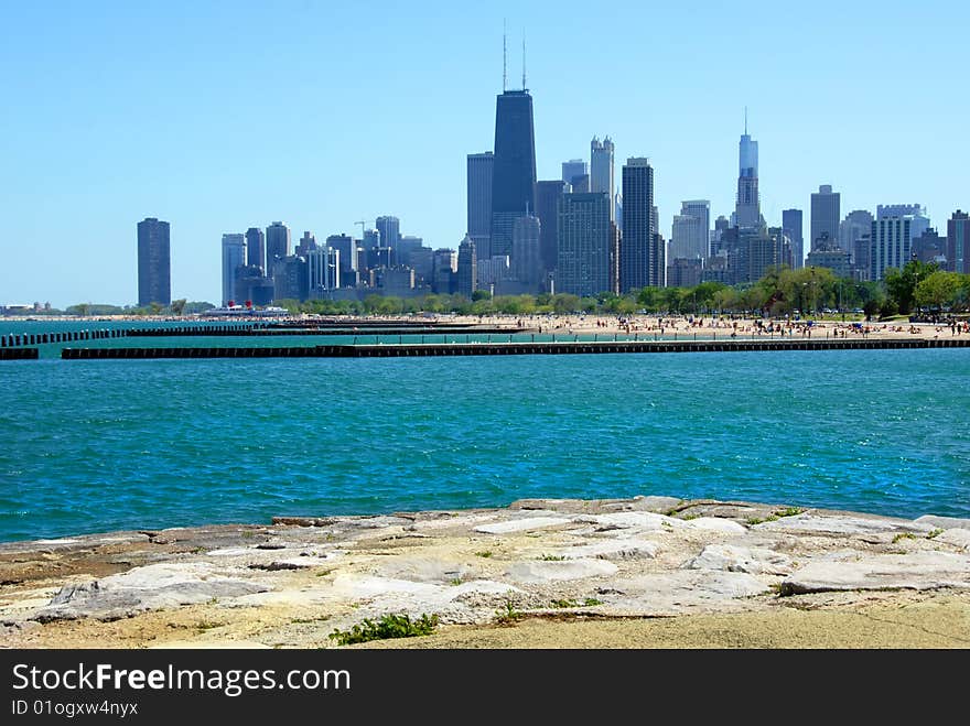 View of the Chicago skyline from the shore of Lake Michigan. View of the Chicago skyline from the shore of Lake Michigan.