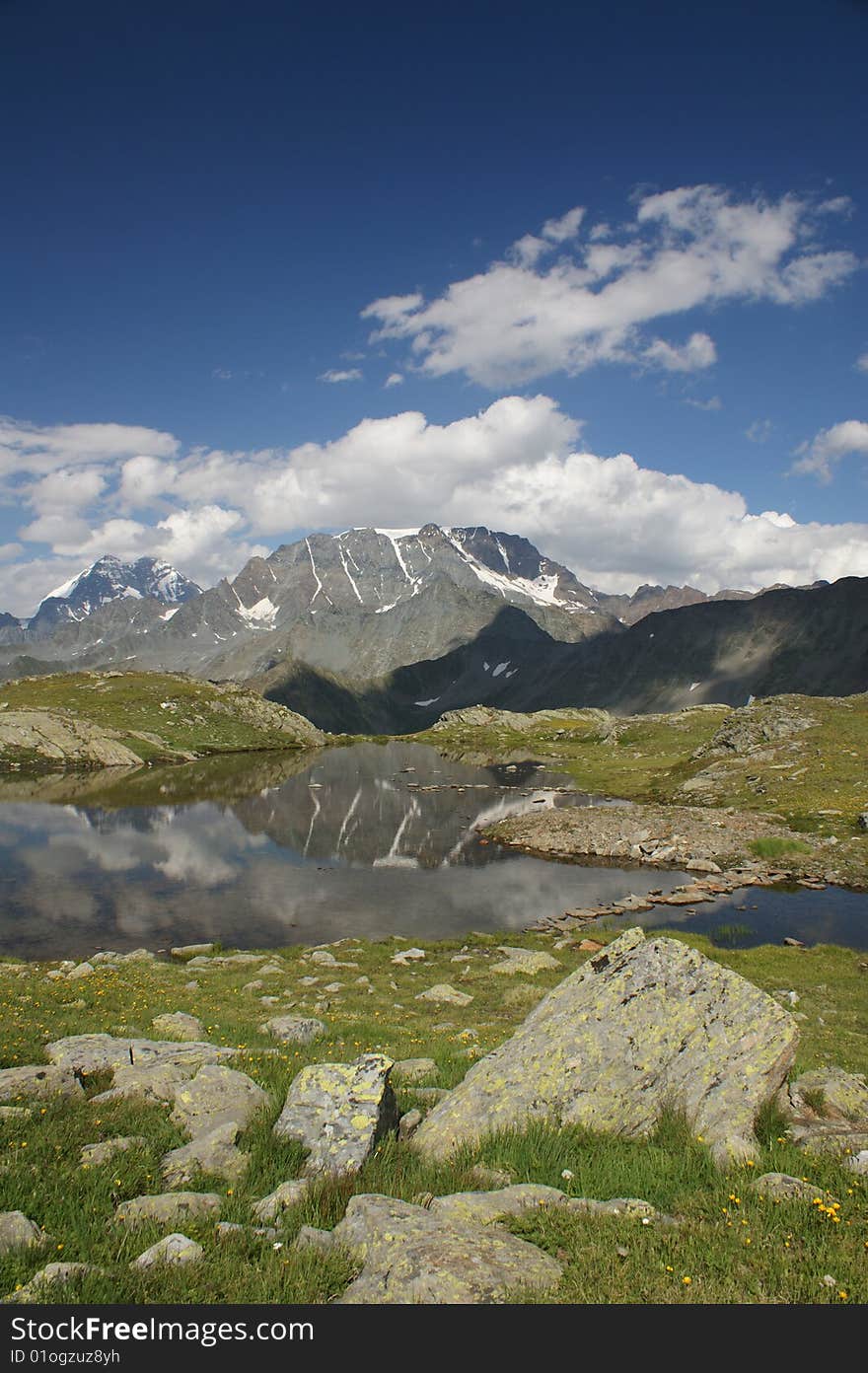 A mountain lake on the Swiss/Italian border, under a blue sky with light cloud. A mountain lake on the Swiss/Italian border, under a blue sky with light cloud.