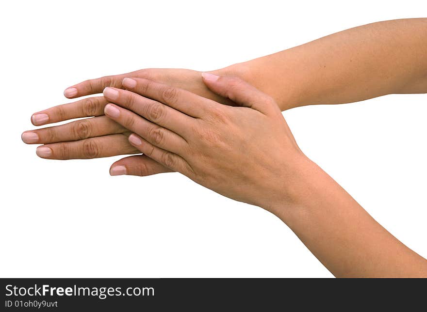 Hands of a young woman, well-kept isolated on a white background.