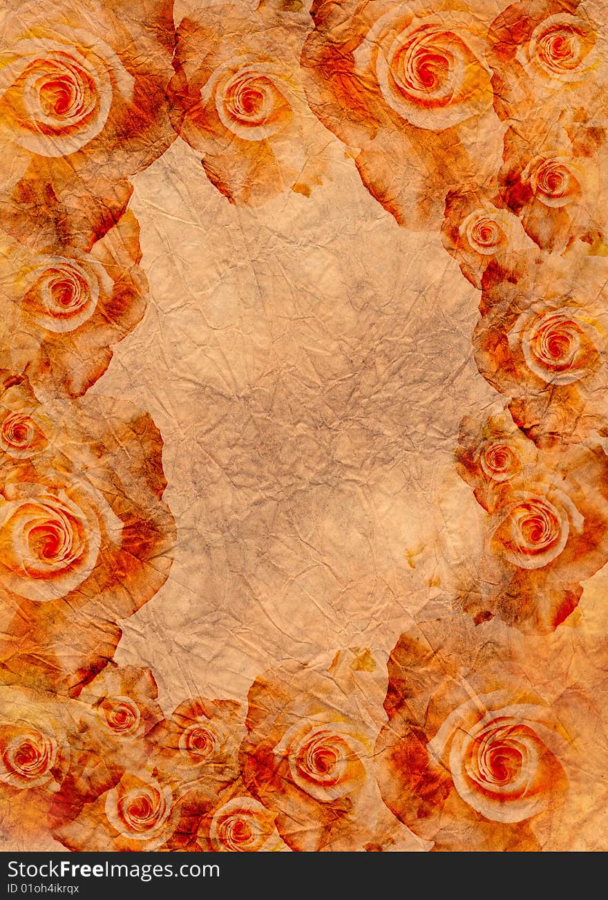 Orange roses background with old paper surface. Orange roses background with old paper surface