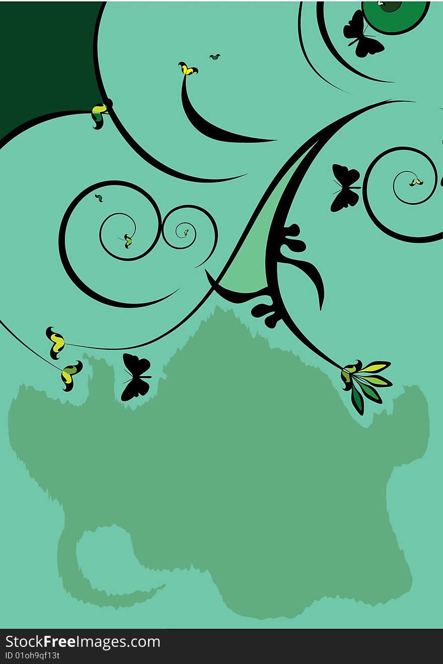 Decorative green design with flowers and butterfly. Decorative green design with flowers and butterfly