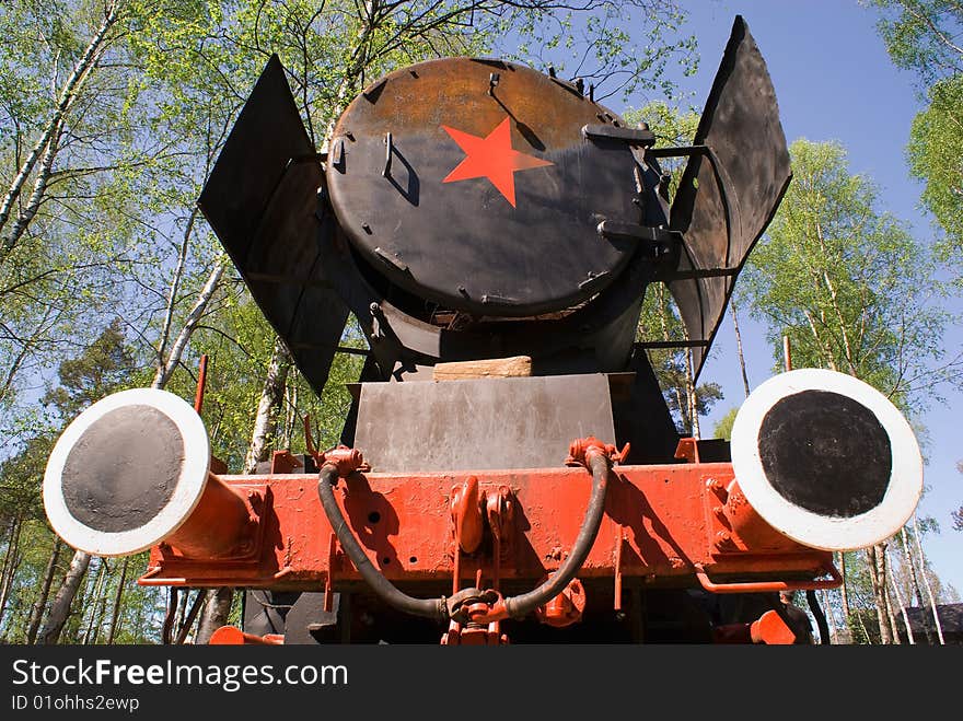 Communistic red and black locomotive with russian star