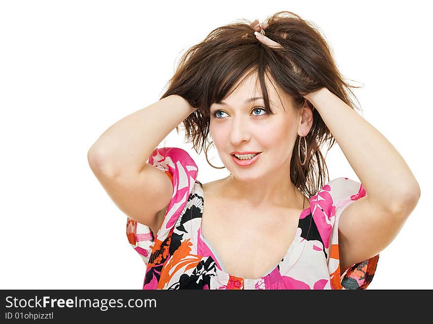 Portrait of young pretty woman on white background. Portrait of young pretty woman on white background