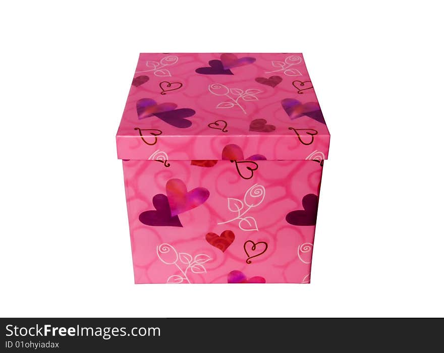 Beautiful pink box with hearts for gifts on a white background