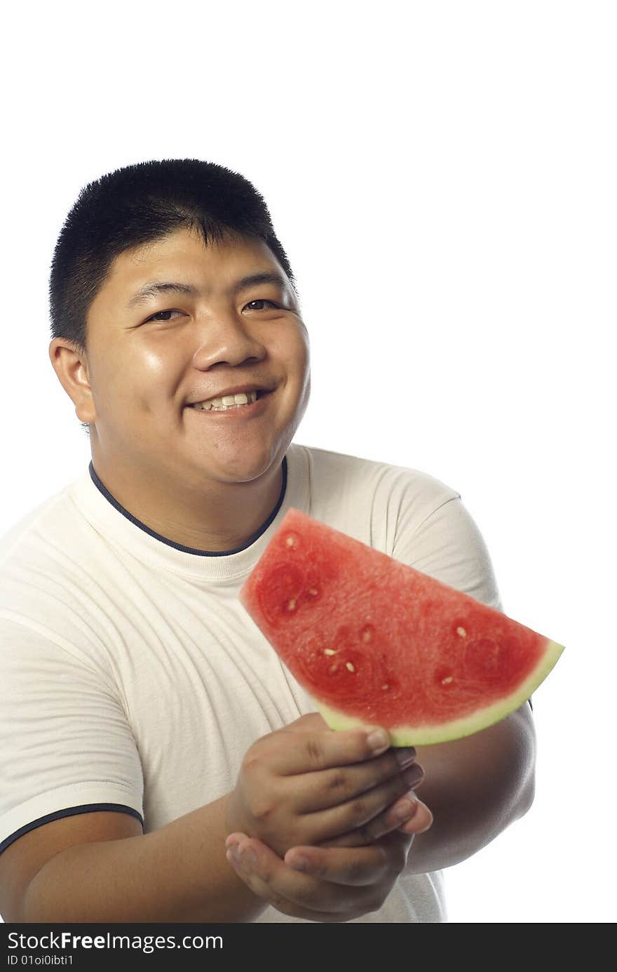 Happy Asian Man And Watermelon