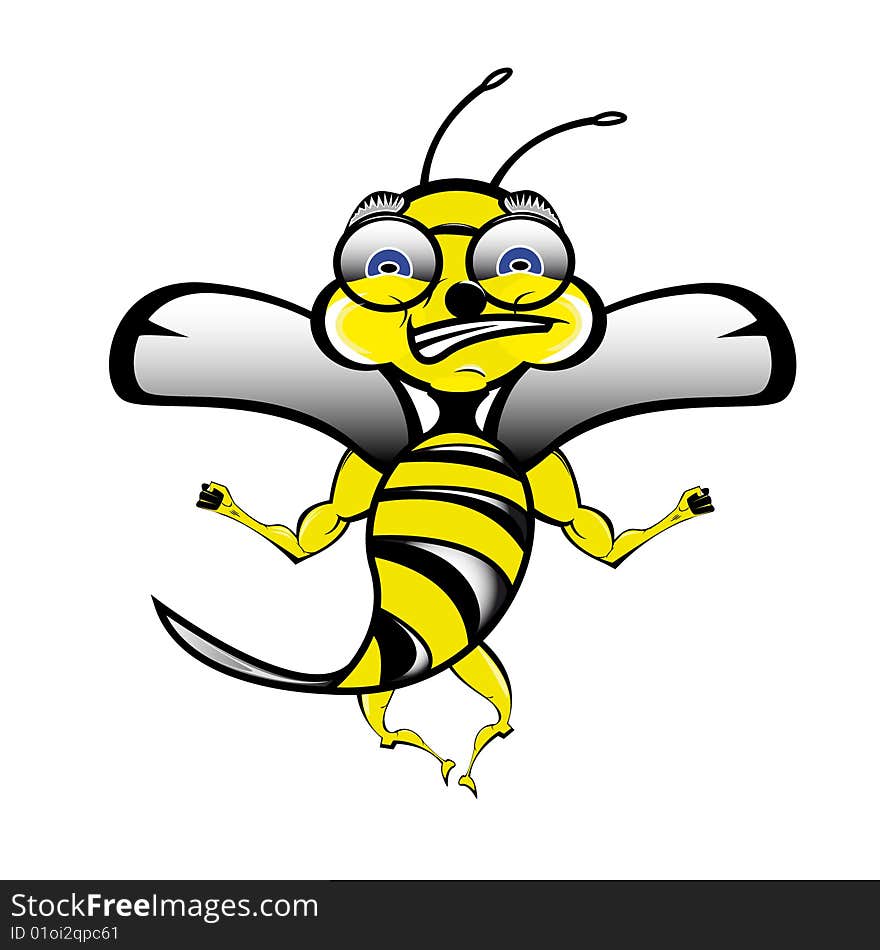 Mad bee in glasses on white background