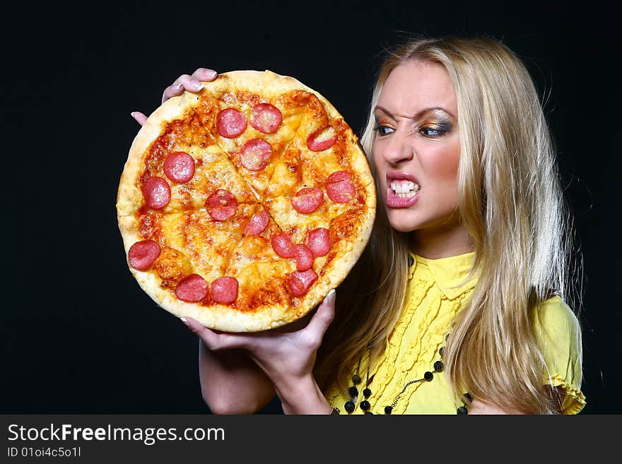 Beautiful Young Woman Eating Pizza