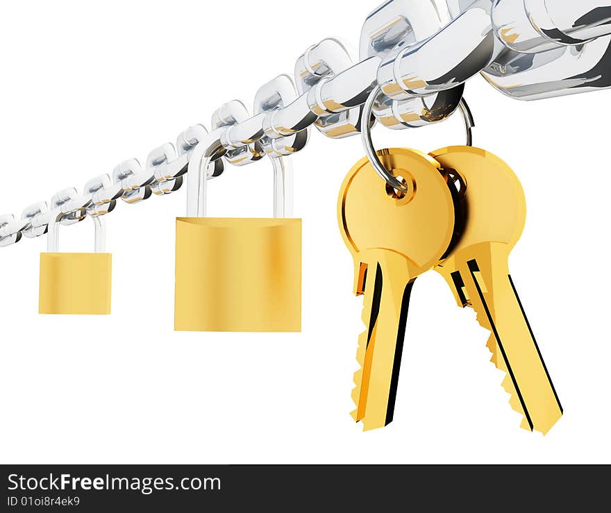 3d rendered image chrome chain two locks and two keys. 3d rendered image chrome chain two locks and two keys