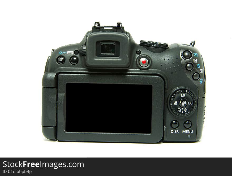 Black digital camera isolated on white