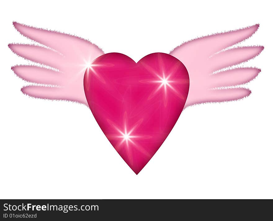 The red heart with the pink wings and glares on the white background, drawing. The red heart with the pink wings and glares on the white background, drawing