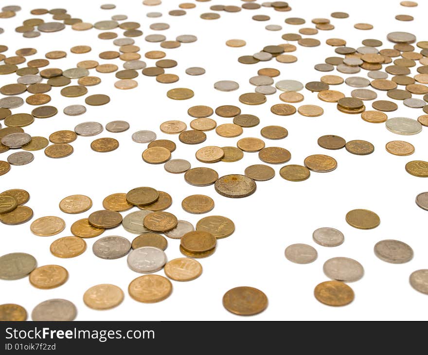 Russian coins of different dignity on a white background, isolated. Russian coins of different dignity on a white background, isolated