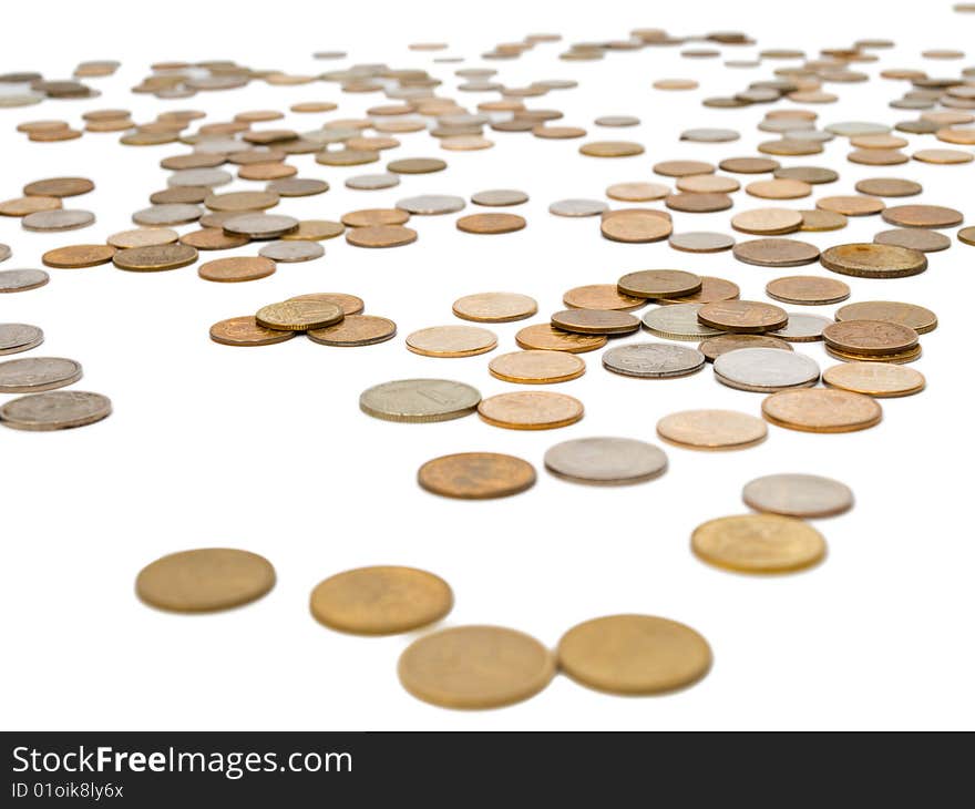 Russian coins of different dignity on a white background, isolated. Russian coins of different dignity on a white background, isolated