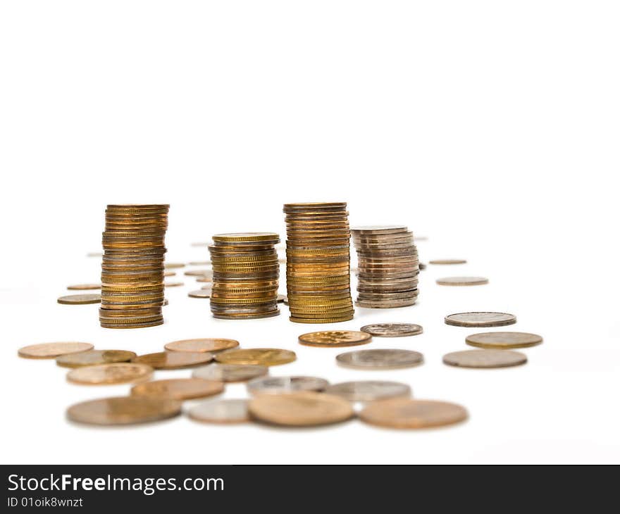 Russian coins of different dignity on a white background, isolated. Russian coins of different dignity on a white background, isolated