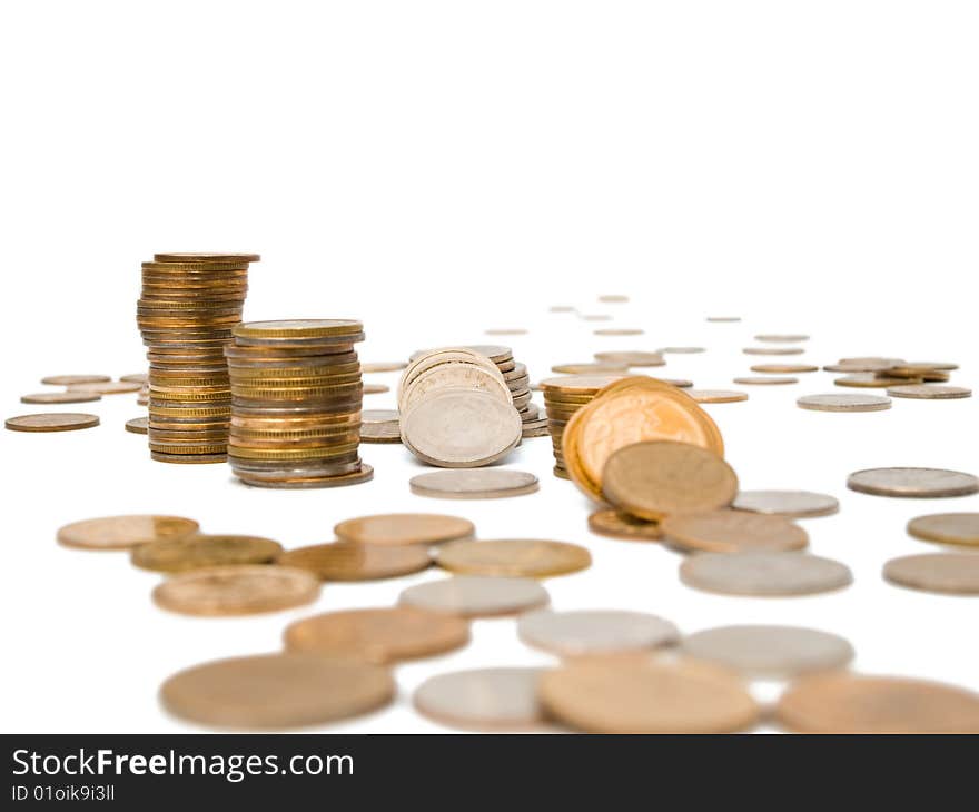 Russian coins of different dignity on a white background, isolated. Russian coins of different dignity on a white background, isolated