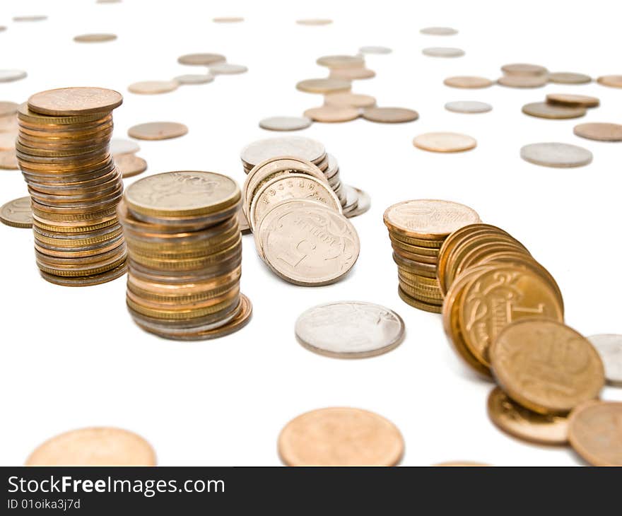 Russian coins of different dignity on a white background, isolated. Russian coins of different dignity on a white background, isolated