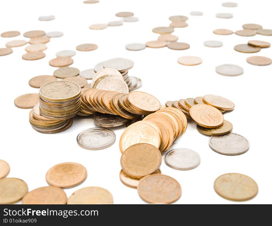 Russian coins of different dignity on a white background, isolated. Russian coins of different dignity on a white background, isolated