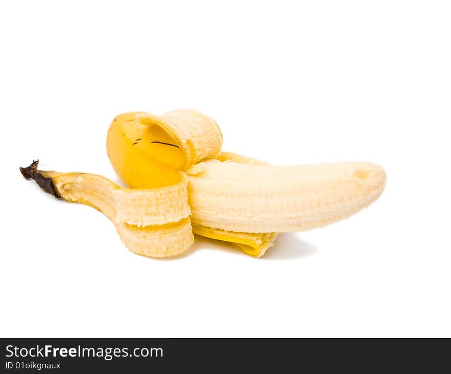 Ripe peeled banana on a white background, isolated