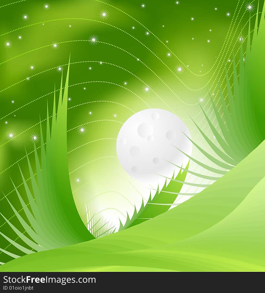 Vector abstract background of green night including plant life, stars, full moon and night sky. Created with blends and gradient mesh. Vector abstract background of green night including plant life, stars, full moon and night sky. Created with blends and gradient mesh.