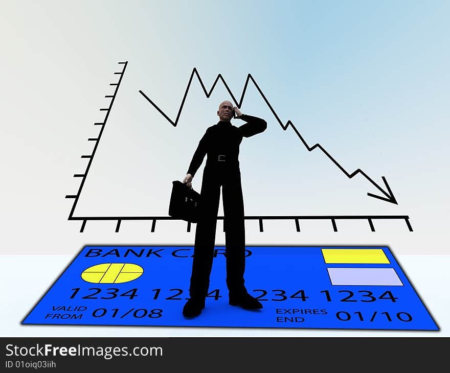 Businessman with a credit card and graph showing the credit crises. Businessman with a credit card and graph showing the credit crises.