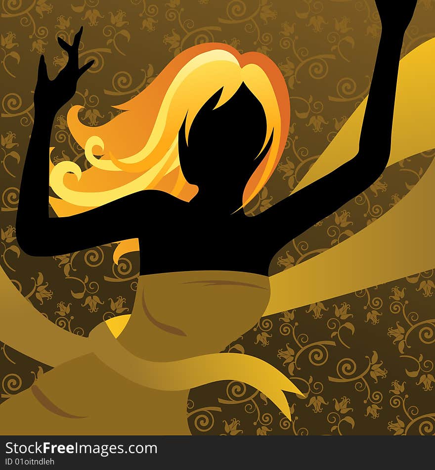 A silhouette model, with dancing pose, with yellow and gold theme and vintage background. A silhouette model, with dancing pose, with yellow and gold theme and vintage background