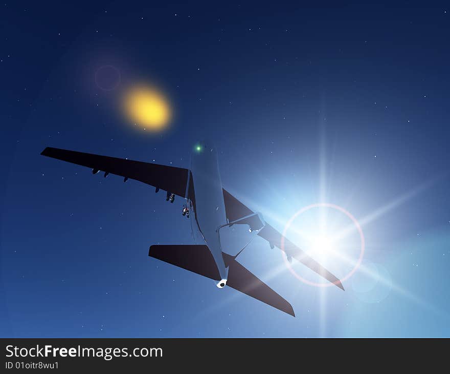 Passenger Plane flying high in the night sky. Passenger Plane flying high in the night sky.