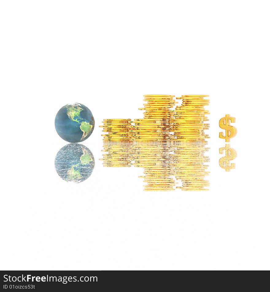 Coins with 3D globe isolated on a white background