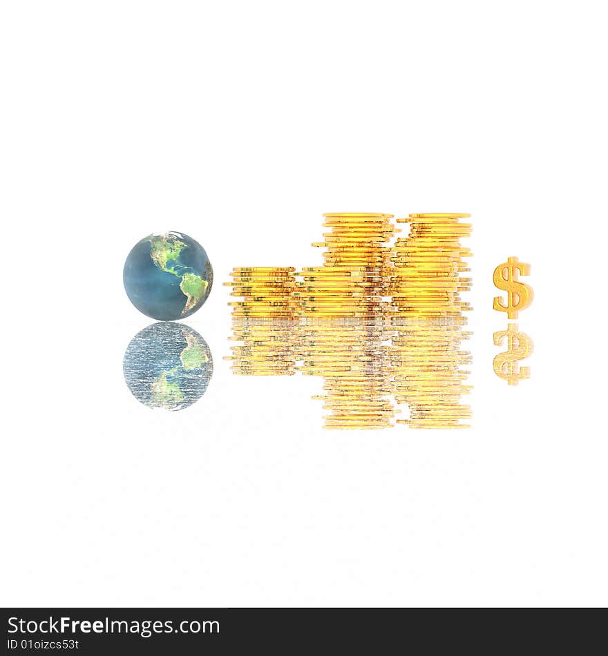 Coins with 3D globe isolated on a white