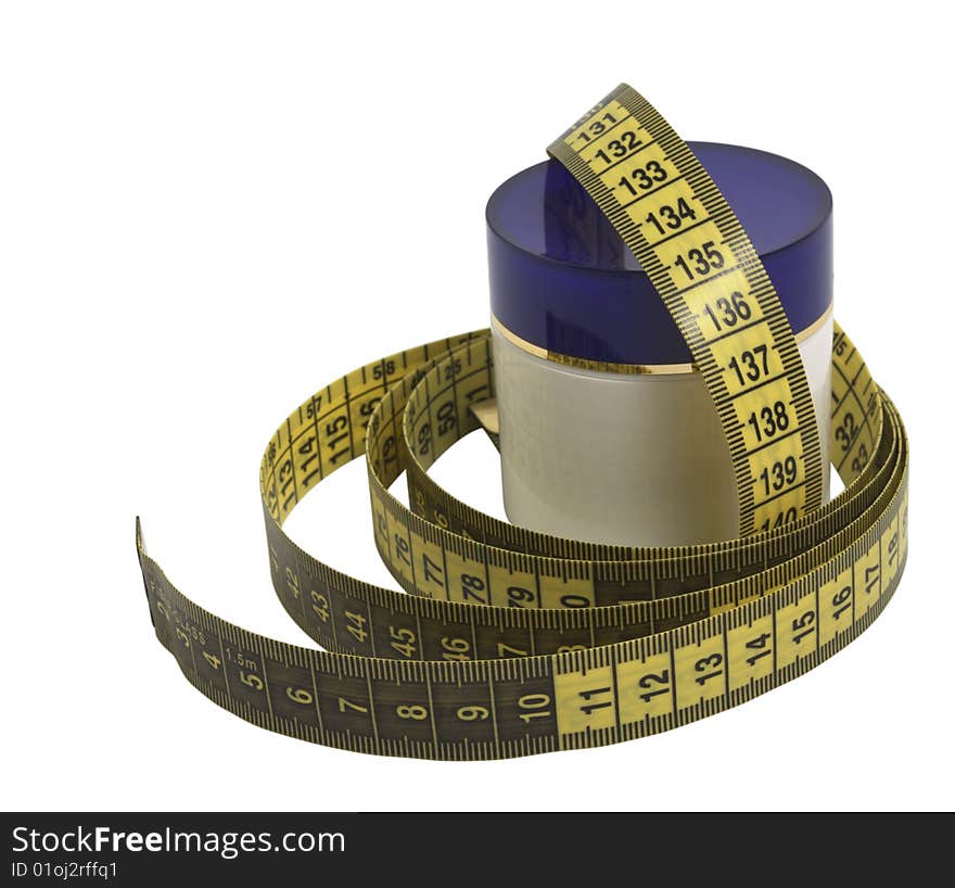 Container with cosmetic cream and measuring tape isolated on the white background. Container with cosmetic cream and measuring tape isolated on the white background