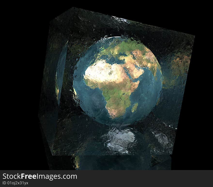 Earth In Cracked Glass Cube