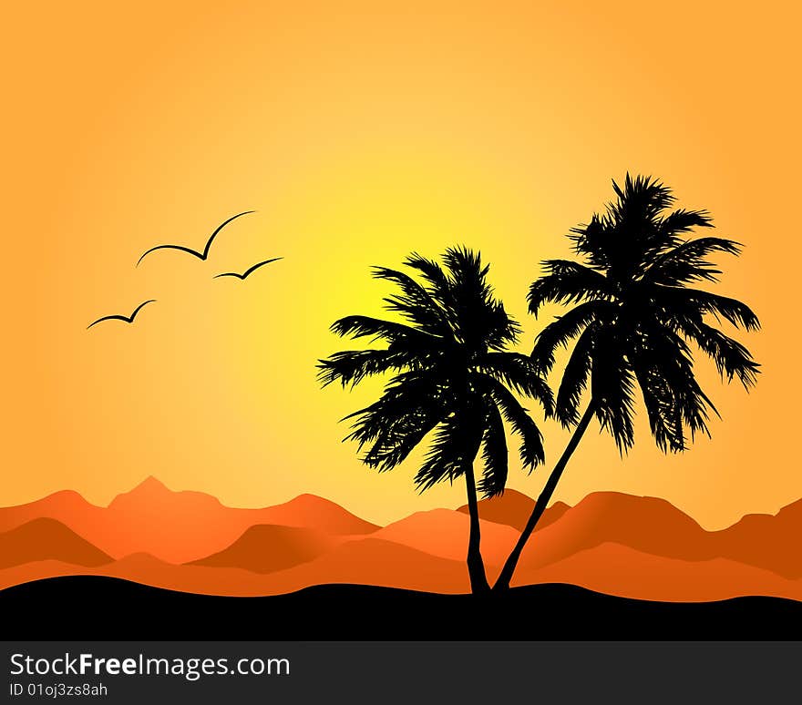 Kind on a landscape with a birds in the form of the sun. Kind on a landscape with a birds in the form of the sun