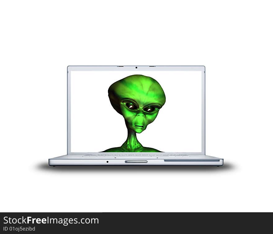 Alien head on laptop screen isolated on white back