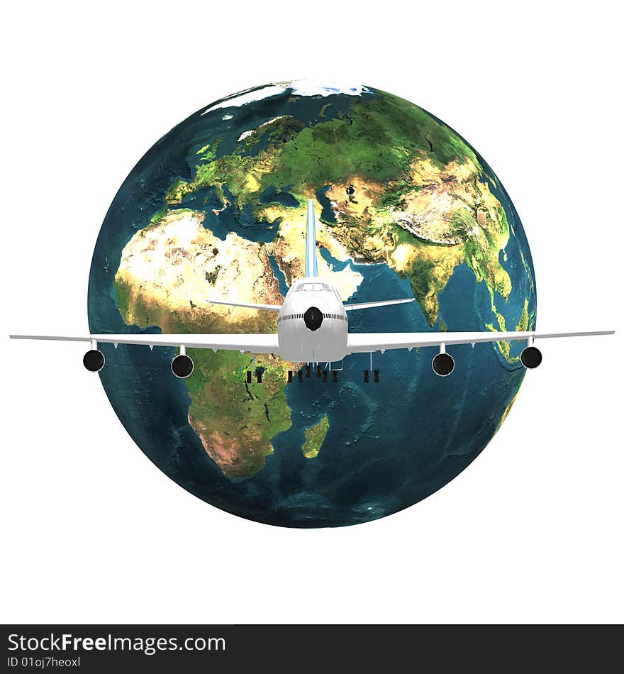 Airliner with earth in the background isolated on a white