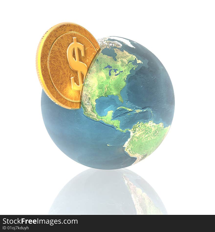 Coins with 3D globe isolated on a white background
