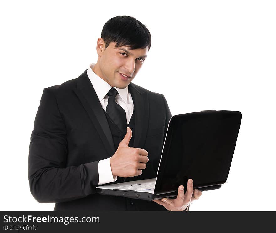 Portrait of young business man witrh laptop on white background. Portrait of young business man witrh laptop on white background.